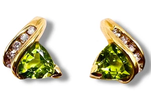 Green Peridot Trillion cut Solid 14k Yellow Gold Post Diamond Stud Earrings - Picture 1 of 17