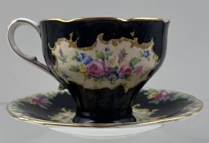 Taza de té y platillo PARAGON tapiz chintz negro rosa rosas borde dorado D. Warrent - Imagen 1 de 10