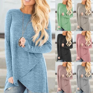 Women Round Neck Long Sleeve T-Shirt Loose Casual Holiday Tunic Long Tops Blouse - Picture 1 of 21