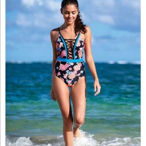 NWT Women's Gianni Bini, Black Floral Lace Up One-Piece Swimsuit, M - Picture 1 of 5