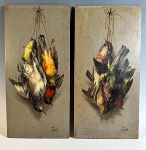 Pinturas al óleo francesas antiguas con tema de caza, naturaleza muerta Morte con 8 pájaros - Imagen 1 de 13