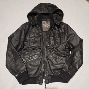 River Island Bomber Jacket Mens Medium Real Leather Hooded - Picture 1 of 18