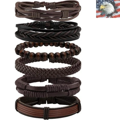 Pulseras unisex de cuero trenzado punk y cáñamo 6 piezas - pulseras ajustables Foto 1 de 4