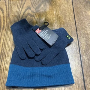 Under Armour Boys Youth Coldgear Cuff Knit Beanie Hat Gloves Set Green/Blue NWT - Picture 1 of 5