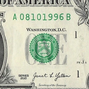 AUG 10 1996 Birthday Date Note Fancy Serial Number One Dollar Bill 08 10 1996 - Picture 1 of 11