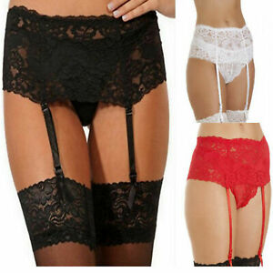 Ladies Women Silky Wide Lace Suspender Belt And Lace Top Stocking 