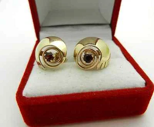 CASUAL solid 10K YELLOW GOLD GARNET STUD EARRINGS - Picture 1 of 11