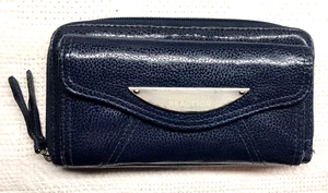 Women's Navy Double Compartment Card Coin Trifold Pocket Zip-Around Wallet - Picture 1 of 14