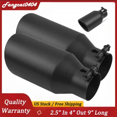 2x Universal Exhaust Tip for 2.5" Inlet 4" Outlet 9"Long Bolt-On Stainless Steel - Image 1 of 4