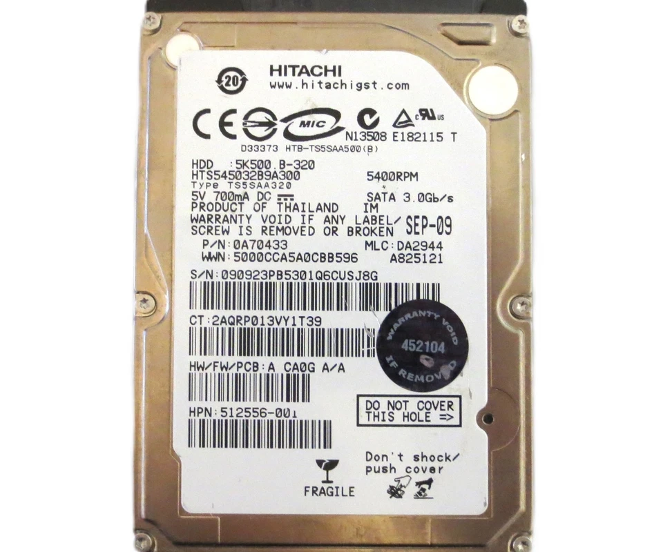 Hitachi HTS545032B9A300 0A70433 DA2944 (090) Thailand 320gb 2.5" Sata HDD 2009 - Image 1 of 3