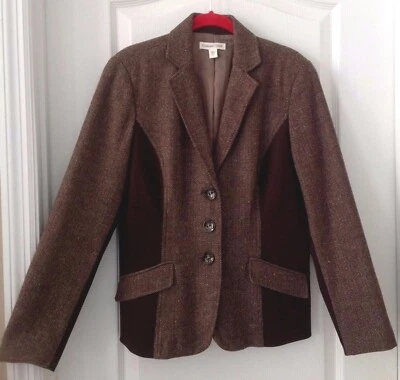 Chaqueta Blazer Coldwater Creek Talla 6 Marrón Mezcla de Lana Espiga Estilo Equitación Foto 1 de 4