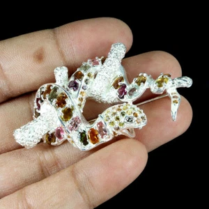925 Argento Sterling Spilla Ovale Tormalina Zaffiro Naturale Gemma Gioielli - Foto 1 di 13