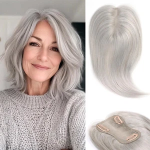 Smokey Gray Topper Human Hair Mono Base Invisible Human Hair Toppers for Women - Picture 1 of 5