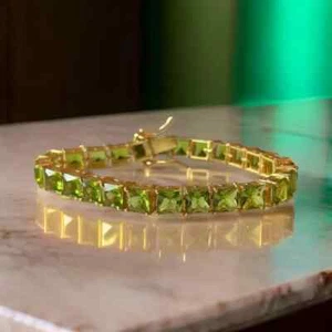 925 Silver Lab Peridot Square Tennis Bracelet,Lab Peridot Tennis Bracelet,August - Picture 1 of 4