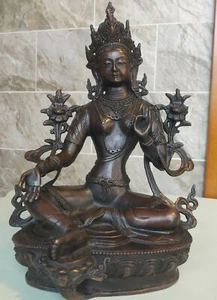 12 Antique Bronze green tara Buddha Statue Old Temple God Buddhism Kwan-yin Buda - Picture 1 of 9