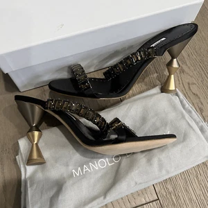 Tacones Manolo Blahnik Dallitre Oro Negro Cristal Satinado 105 mm NUEVO - Imagen 1 de 13