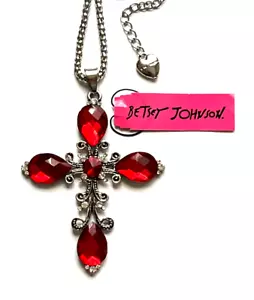 BETSEY JOHNSON SILVER TONE RED RHINESTONE PENDANT CROSS NECKLACE - Picture 1 of 1