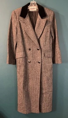 VTG Penguin M. Liman Co. Long Wool Herringbone Coat Womens 6 Blk Velvet Collar - Image 1 of 4