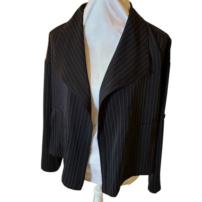 NUEVO CON ETIQUETAS M Max Studio Chaqueta Blazer A Rayas Para Mujer Frente Abierto Manga con Pestaña Enrollable Foto 1 de 4