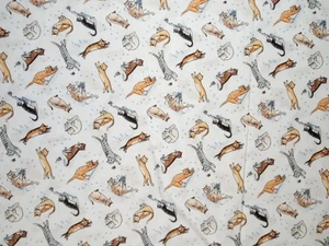 Fabric Ivory Background Black/Brown/Grey/White Cats Blue Paws 100% Cotton BTY - Picture 1 of 3