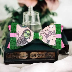 Wicked Inspired Pink And Green  Faux Leather Hair Bow Alligator Clip - Picture 1 of 6