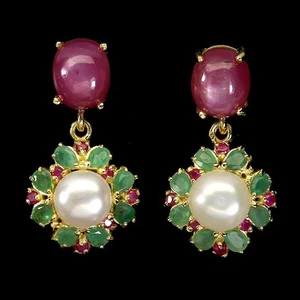Summer 925 Silver Earrings Oval Ruby 10x8mm Emerald Pearl Gemstone Jewelry - Picture 1 of 14