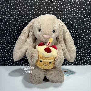 AUTHENTIC❣️Jellycat MEDIUM BASHFUL BEIGE BIRTHDAY BUNNY - 12" Soft Plush Toy NWT - Picture 1 of 5