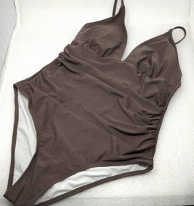 L CUPSHE Women's One Piece Swimsuit Tummy Control V Neck Bathing Suit Cafe Brown - Picture 1 of 4