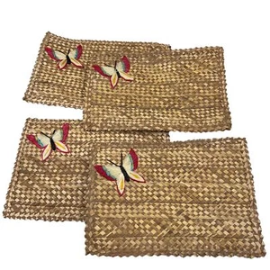 Set Of 4 Handwoven Straw Placemats With Embroidered Butterfly Design - Picture 1 of 6
