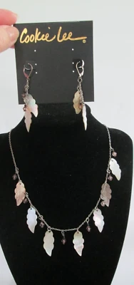 Abalone Shell Leaf Feather Collar Necklace + Dangle Earrings Set Cookie Lee NWT - Image 1 of 4