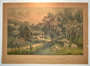 CURRIER & IVES HANDFARBIGE LITHOGRAPHIE AMERICAN HOMESTEAD SPRING, 1869 - Bild 1 von 6