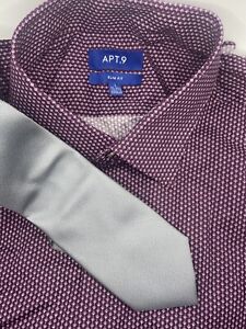 Apt. 9 Slim Fit Large 16-16.5 32/33 Burgundy Print Dress Shirt with Silver Tie