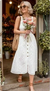 Oasis White Broderie Anglaise Midi Dress Button Cami Tie Back 14 Fit 12 ws £60 - Picture 1 of 14