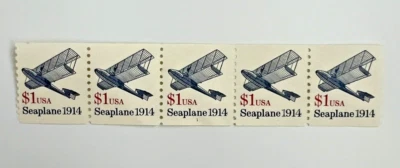 Scott #2468 Seaplane 1914 $1 USA - Coil Strip of 5 Stamps - 1993 Plate #1 - Image 1 of 3