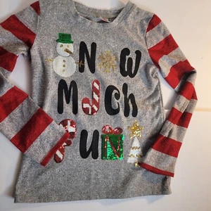Kids Holiday Time Snow Much Fun Gray Red Stripes Sequin Snowman Christmas M(7-8) - Picture 1 of 12