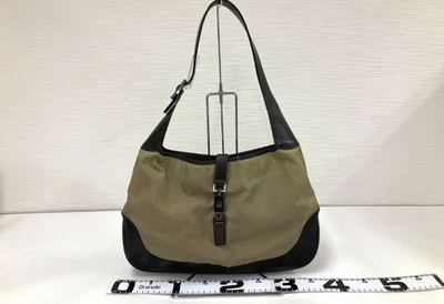 GUCCI Jackie Shoulder Bag Handbag Canvas Leather Khaki Brown Silver 001 3346 - Image 1 of 4