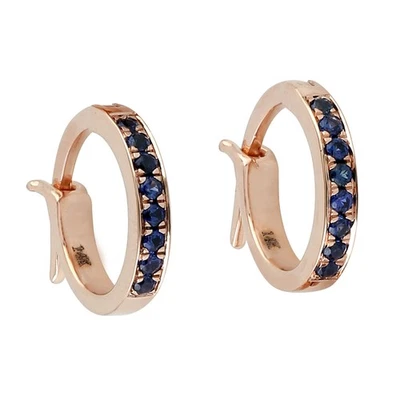 14K Rose Gold Blue Sapphire Hoop Earrings Natural Gemstone Elegant Gift - Image 1 of 4
