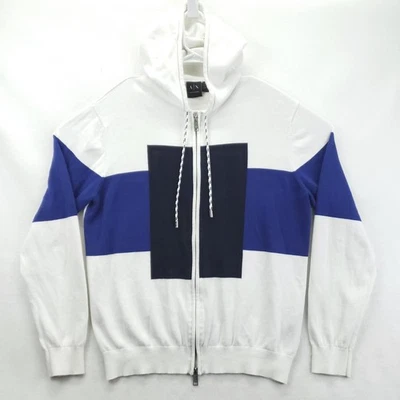 Armani Exchange Hoodie Mens Large White Blue Colorblock Full Zip Cotton Knit - Image 1 of 4