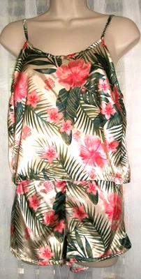 ROCAWEAR SML GLOSS SATIN SILKY PAJAMA SET~PINK HIBISCUS TROPICAL SHORTS~CAMI TOP - Image 1 of 4