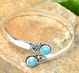 Green Turquoise Gemstone Handmade 925 Sterling Silver Adjustable Cuff Bracelet - Picture 1 of 1