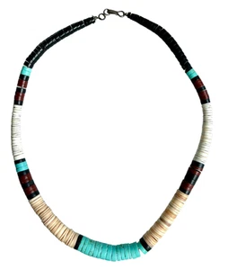 Vintage Santo Domingo Hand rolled Turquoise+ beaded necklace Sterling clasp -16" - Picture 1 of 6