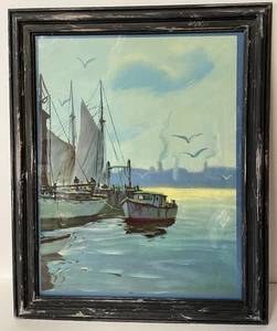 Vintage Boote im Hafen Druck gerahmt hinter Glas klassische Galerie Wand 16,5"x13,5" - Bild 1 von 11