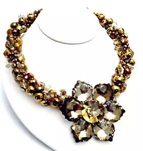 IRIS G HugeTopaz & Gold Beaded Austrian Crystal Flower Runway Necklace - OOAK - Picture 1 of 12