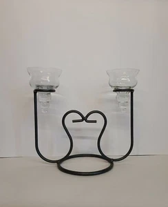 SWIRL HEART Candle Holder Iron Metal Black Brushed Nickel + 2 Glass Droplet  - Picture 1 of 4