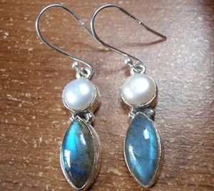 Cultured Pearl and Labradorite Marquise 925 Sterling Silver Dangle Earrings  - Picture 1 of 2