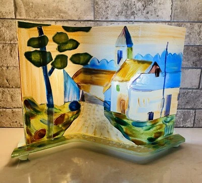 Rare Artist Design Village Scene Hand Painted Glass Table Lamp - Image 1 of 4