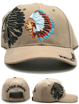 Orgullo Nativo Nuevo Líder Jefe Guerrero Indio Plumas Tostado Beige Era Sombrero Gorra Foto 1 de 4