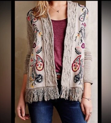 SLEEPING ON SNOW Folklore Sweater Embroidered Fringe Boho Anthropologie Sz Small - Image 1 of 4