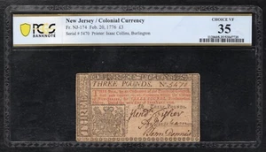 NJ-174 FEBRUARY 20, 1776 £3 THREE POUNDS NEW JERSEY COLONIAL PCGS VERY FINE-35 - Picture 1 of 2