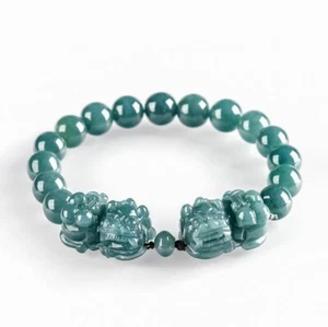 Certified Green Natural 9.5mm Burma A Jade jadeite Beads PiXiu Stretch Bracelet - Picture 1 of 9